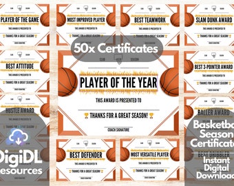 Printable A4 Basketball SEASON Award Certificate, 50x End of Season Basketball Award, Basketball Club Award, Basketball Club Certificate