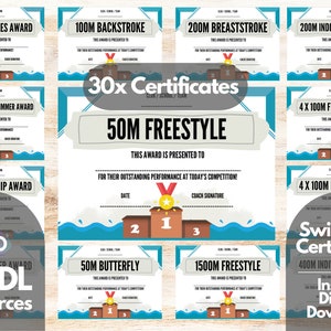 May include: A set of 30 printable swimming certificates for a competition. The certificates feature a blue and white wave design with a podium and a gold medal. The certificates are for different swimming events, including 50m freestyle, 100m backstroke, 200m breaststroke, 200m individual medley, 4 x 100m freestyle relay, 4 x 100m medley relay, 50m butterfly, 1500m freestyle, 400m individual medley, golden goggles award, most versatile swimmer award, and sportsmanship award.