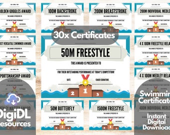 May include: A set of 30 printable swimming certificates for a competition. The certificates feature a blue and white wave design with a podium and a gold medal. The certificates are for different swimming events, including 50m freestyle, 100m backstroke, 200m breaststroke, 200m individual medley, 4 x 100m freestyle relay, 4 x 100m medley relay, 50m butterfly, 1500m freestyle, 400m individual medley, golden goggles award, most versatile swimmer award, and sportsmanship award.