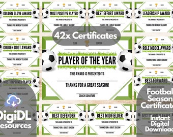 Printable Football Soccer SEASON Award Certificate, 42x A4 End of Season Football Award, End of Season Soccer Award, Football Party