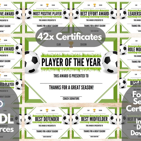 Printable Football Soccer SEASON Award Certificate, 42x A4 End of Season Football Award, End of Season Soccer Award, Football Party