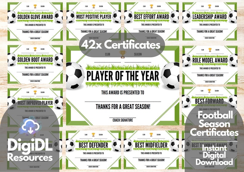 Printable Football Soccer SEASON Award Certificate, 42x A4 End of Season Football Award, End of Season Soccer Award, Football Party image 1