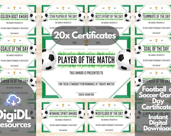 Printable Football or Soccer GAME DAY Match Certificates, 20x A4 Football Award, Soccer Award, Football Club Certificate, Coach Certificate