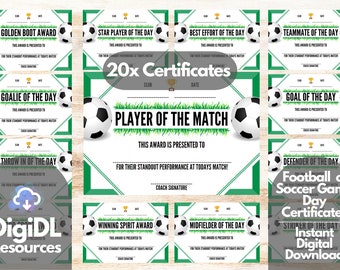 Printable Football or Soccer GAME DAY Match Certificates, 20x A4 Football Award, Soccer Award, Football Club Certificate, Coach Certificate