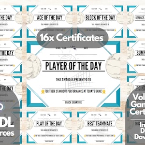 Printable A4 Volleyball GAME DAY Award Certificate, 16x Game Day Volleyball Award, Volleyball Club Award, Volleyball Club Certificate