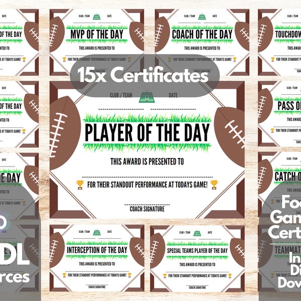 Printable Football GAME DAY Certificates, 15x A4 Football Award, Football Team Award, Downloadable Football Award, Game Day Award