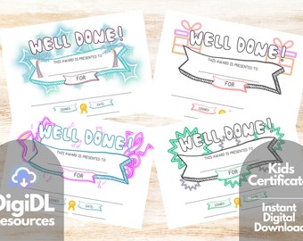 Printable Well Done Certificate, Award, Sign, 4 designs, Multipack, Instant Download
