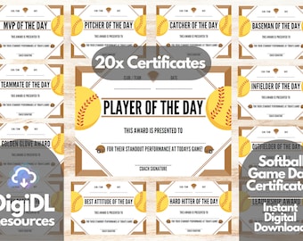 Softball Game Award Certificates, Award Ceremony Certificates, Game Day Softball Awards, Team Party Printable, Downloadable Softball Award