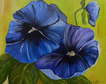 Oil painting pansy blue original painting