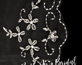 New | Wedding Veil | Embroidered Flower Wedding Veil | Fingertip Length Veil | Flowers and Leaves Veil | Crystal Edge | Scallop Edge Veil