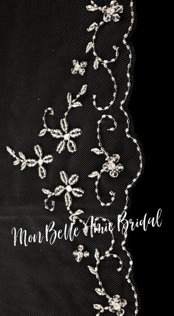 New | Wedding Veil | Embroidered Flower Wedding Veil | Fingertip Length Veil | Flowers and Leaves Veil | Crystal Edge | Scallop Edge Veil