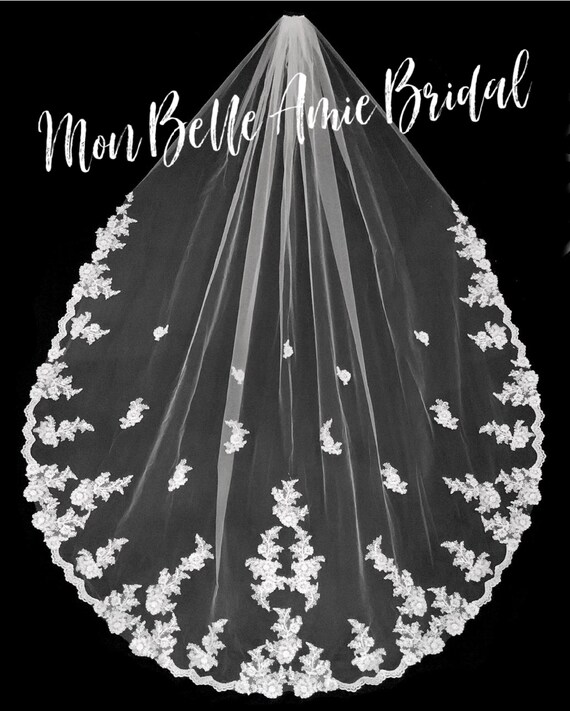 New | Wedding Veil | Scalloped Edge Lace Wedding Veil | Flower Edge Wedding Veil | Royal Length Wedding Veil