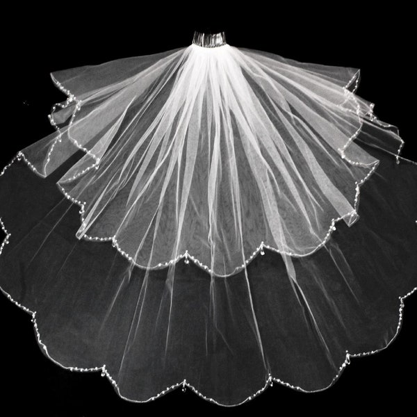 New | Wedding Veil | Scallop Edge Veil | Veil With Blusher | Crystal Tear-Drop Edge Wedding Veil | Crystal Edge Wedding Veil