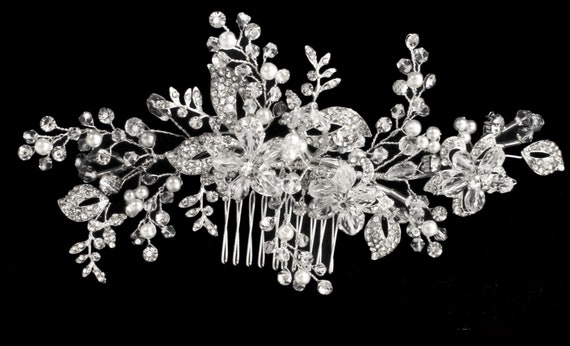 Crystal Pearl Wedding Hair Comb: Silver Bridal Flower Tiara