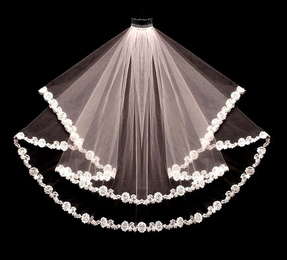 French Lace Wedding Veil: Double Layer Veil, Rose Edge, Silver Beads & Sequins