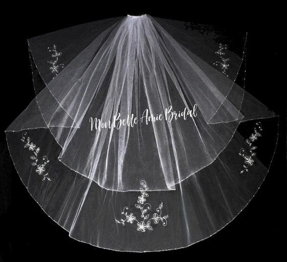 New | Wedding Veil | Two Tier Veil | Cristal Edge Wedding Veil | Pearl and Crystal Edge Wedding Veil | Flower and Leaves Wedding Veil