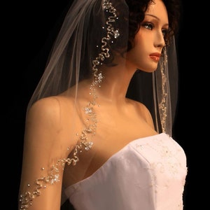 New | Wedding Veil | Silver Embroidery | Fingertip Length Veil | Pearl Edge | Crystal Edge Veil