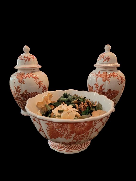 Vintage Ginger Jars, Vintage Bowl, Ginger Jar and Bowl Set, Peach Ginger Jars