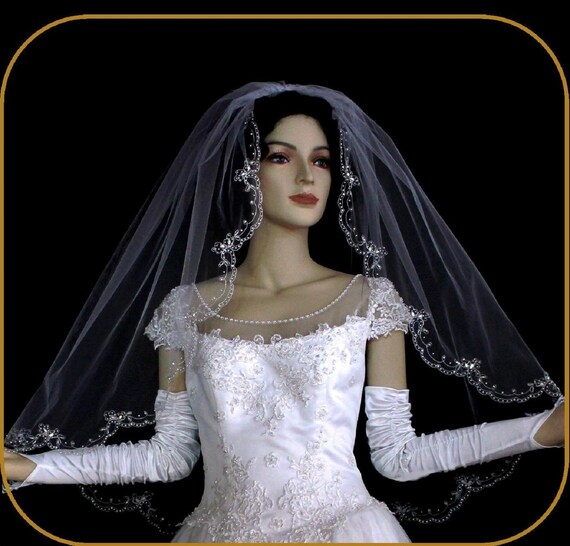 New | Wedding Veil | Scalloped Edge Embroidered Edge Wedding Veil | Crystal Edge Wedding Veil | Cathedral Length Wedding Veil