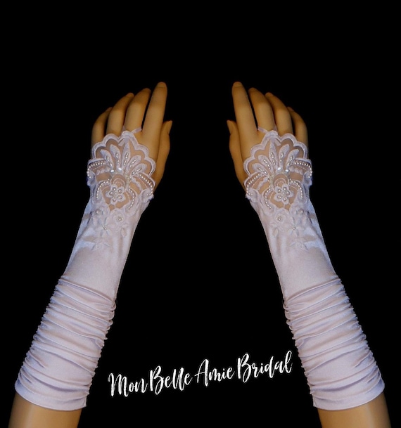 New | Fingerless Satin Gloves | Fingerless Wedding Gloves | Ivory Wedding Gloves | White Wedding Gloves | Long Wedding Gloves