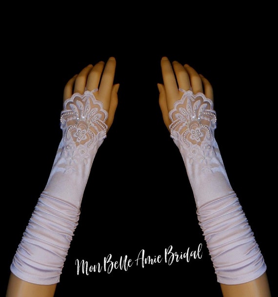 New | Fingerless Satin Gloves | Fingerless Wedding Gloves | Ivory Wedding Gloves | White Wedding Gloves | Long Wedding Gloves