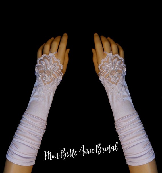 New | Fingerless Satin Gloves | Fingerless Wedding Gloves | Ivory Wedding Gloves | White Wedding Gloves | Long Wedding Gloves