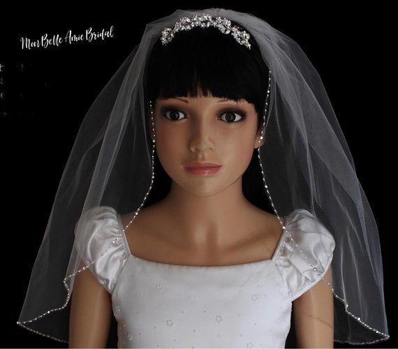 New | Flower Girl Veil | First Communion Veil | Crystal Edge First Communion Veil