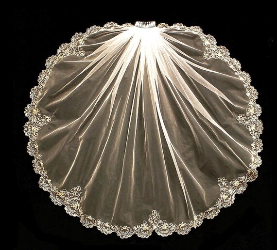 New | Wedding Veil | Silver Embroidery | Cathedral Length Veil | Swarovski Crystals | Scallop Edge | Elbow Length Veil
