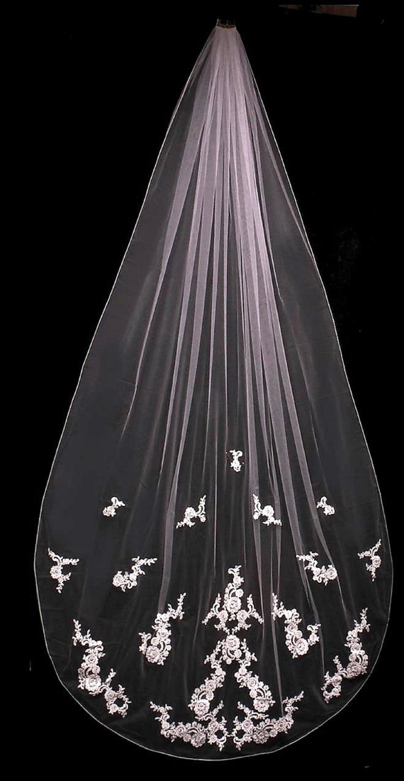 New | Wedding Veil | Lace Edge Wedding Veil | Cathedral Length Wedding Veil | Crystal Edge Wedding Veil | White Lace Wedding Veil