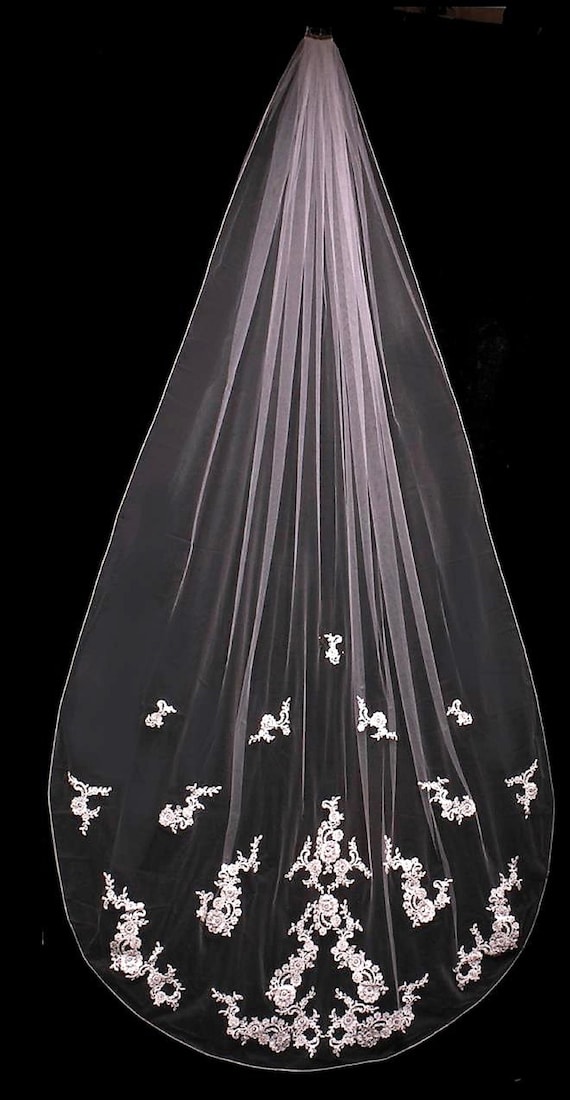 Wedding Veil | Lace Edge Wedding Veil | Cathedral Length Wedding Veil | Crystal Edge Wedding Veil | White Lace Wedding Veil