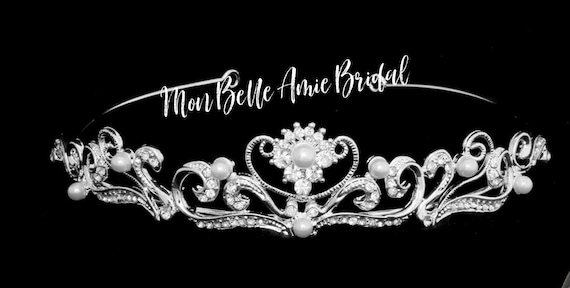 Wedding Tiara | Bridal Tiara | Rhinestone Tiara | Flower Design | Silver Princess Tiara | Crystal Wedding Headpiece | Pearl Wedding Tiara