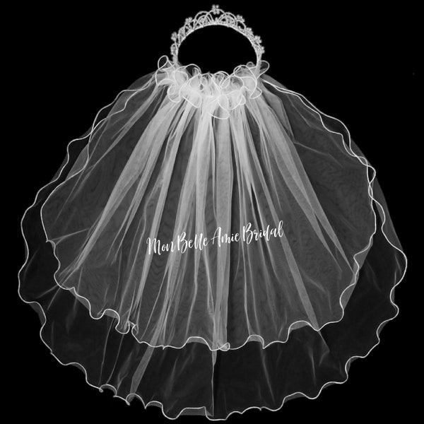 Couronne et voile de première communion, Voile d'enfant, Voile de demoiselle d'honneur, Voile de communion, Voile à bords bouclés, Voile double