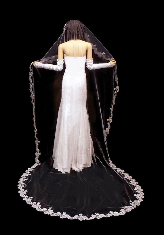 New | Wedding Veil | Cathedral Length Veil | Regal Length Veil | Lace Edge Veil | Crystal Accent Wedding Veil