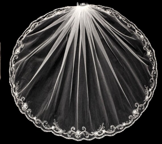 Wedding Veil | Wedding Veil With Crystal | Embroidered Veil | Pearl Wedding Veil | Crystal Edge Veil | Elbow Length Veil | Scallop Edge Veil