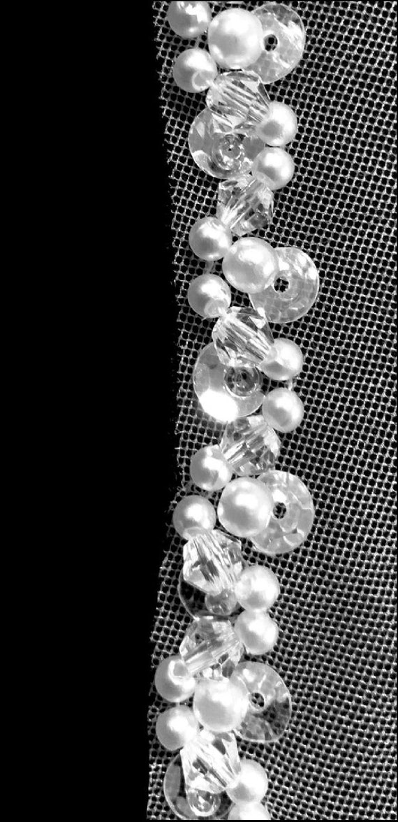 Hand Beaded Wedding Veil: Pearl & Crystal Edge, Mini-Skirt Length