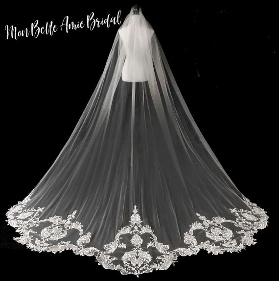 Royal Length Lace Wedding Veil: French Alencon Lace, Rhinestone Accents
