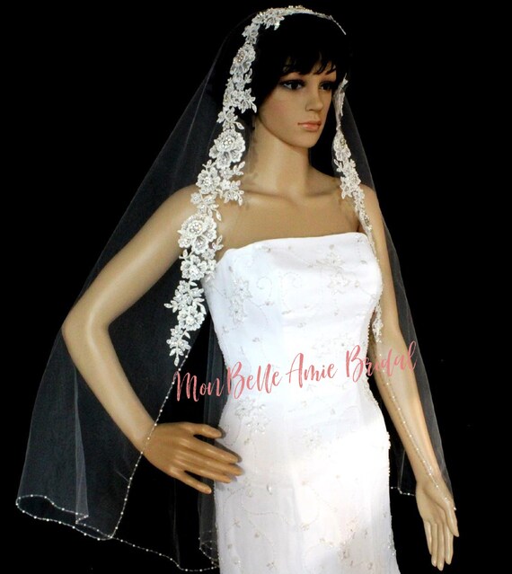 New | Wedding Veil | Crystal and Lace Edge Wedding Veil | Ivory Wedding Veil | Hip Length Wedding Veil | Veil With Lace on Top