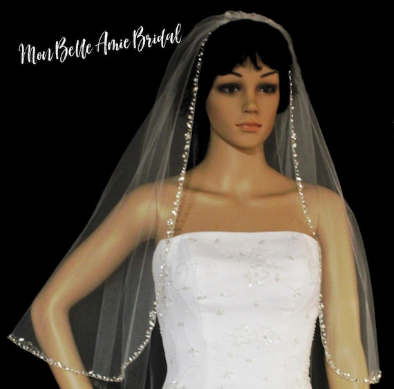 Wedding Veil | Crystal Edge Veil | Hip Length Wedding Veil | Angel Cut Wedding Veil | Crystal Edge Cathedral Length Veil