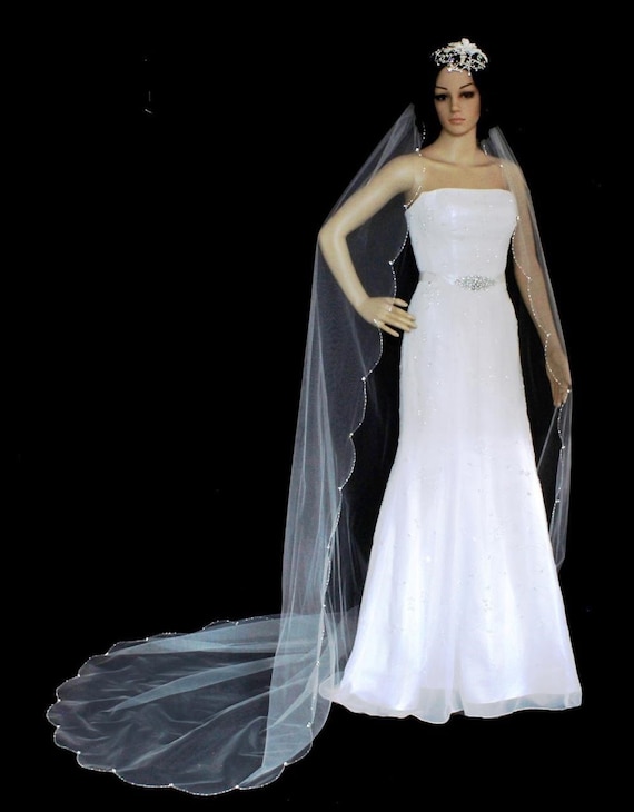 New | Wedding Veil | Swarovski Crystals | Scallop Edge | Crystal Edge | Fingertip Length Wedding Veil | Cathedral Wedding Veil