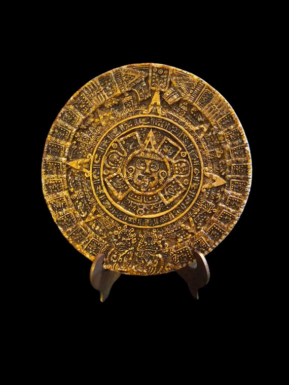 Vintage Aztec Calendar Replica with Brass Stand