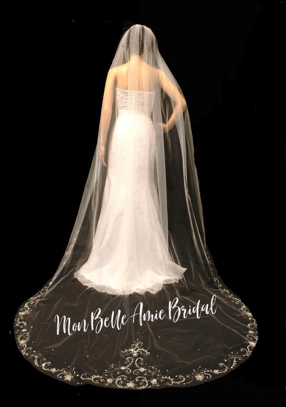 New | Wedding Veil | Lace Wedding Veil with Crystal Accents | White Wedding Veil | Silver Embroidered Veil | Cathedral Length Wedding Veil