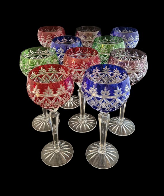 Vintage Cut-to-Clear Wine Glasses, Colored Crystal Stemware