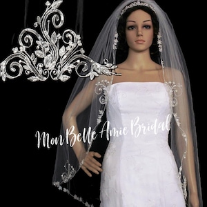 New | Embroidered Wedding Veil | Fingertip Length Veil | Beaded Edge Wedding Veil | Crystal Edge Veil | White Wedding Veil