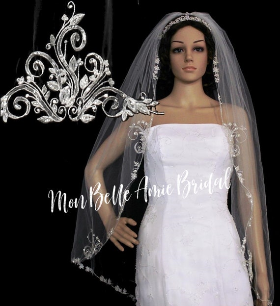 New | Embroidered Wedding Veil | Fingertip Length Veil | Beaded Edge Wedding Veil | Crystal Edge Veil | White Wedding Veil
