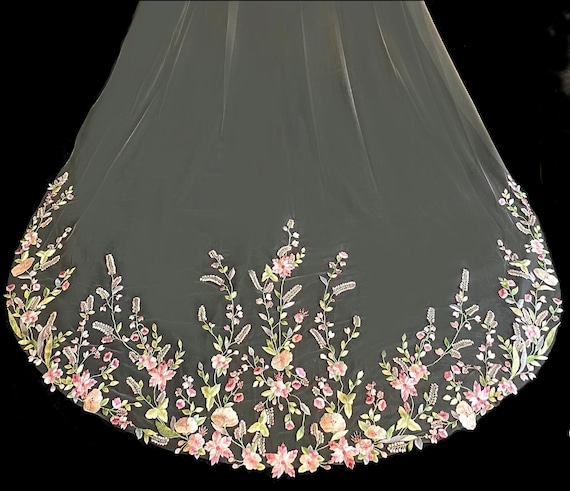 Colored Bridal Veil, Wedding Veil with Color, Flower Wedding Veil, Royal Length Veil, Waltz Length Veil