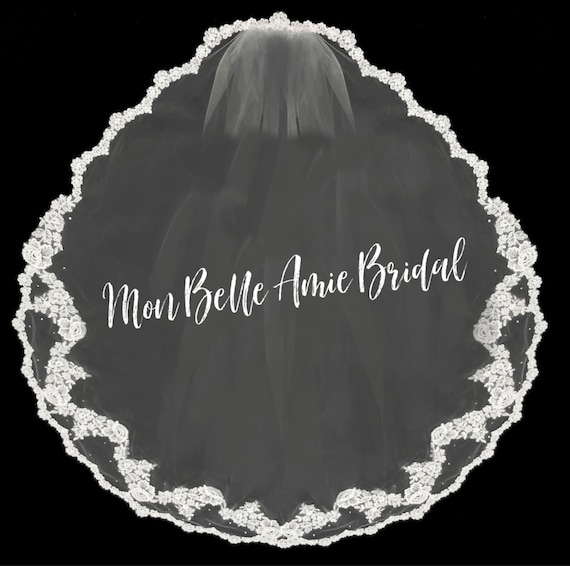 New | Wedding Veil | Scallop Edge Wedding Veil | Lace Edge Wedding Veil | Hip Length Wedding Veil | Champagne Wedding Veil