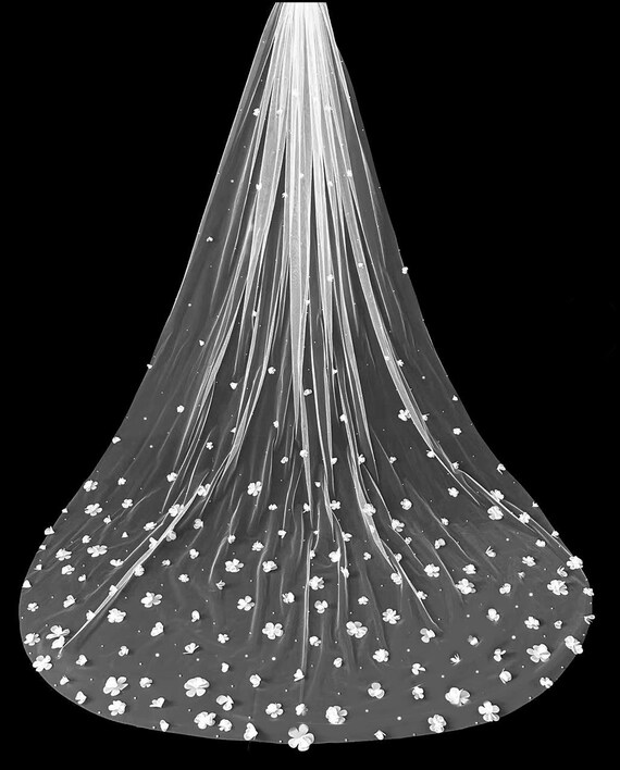Royal Length Wedding Veil: 3D Organza Flowers, Pearls & Rhinestones (120 inch)