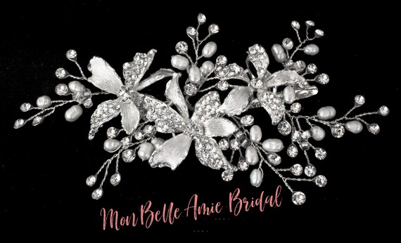 Crystal Orchid Bridal Hair Clip: Freshwater Pearl Wedding Jewelry