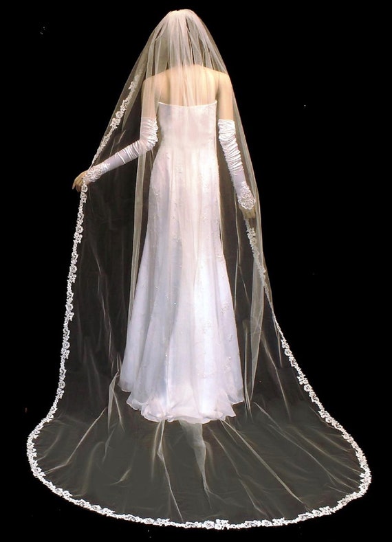 Wedding Veil | Cathedral Length Wedding Veil | Fingertip Length Wedding Veil | Lace Edge Wedding Veil | Rhinestone Accented Lace