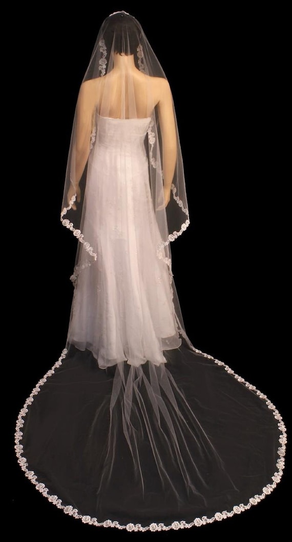 French Lace Wedding Veil: Royal Length, Extra Wide, Rose Edge, Silver Beads & Sequins